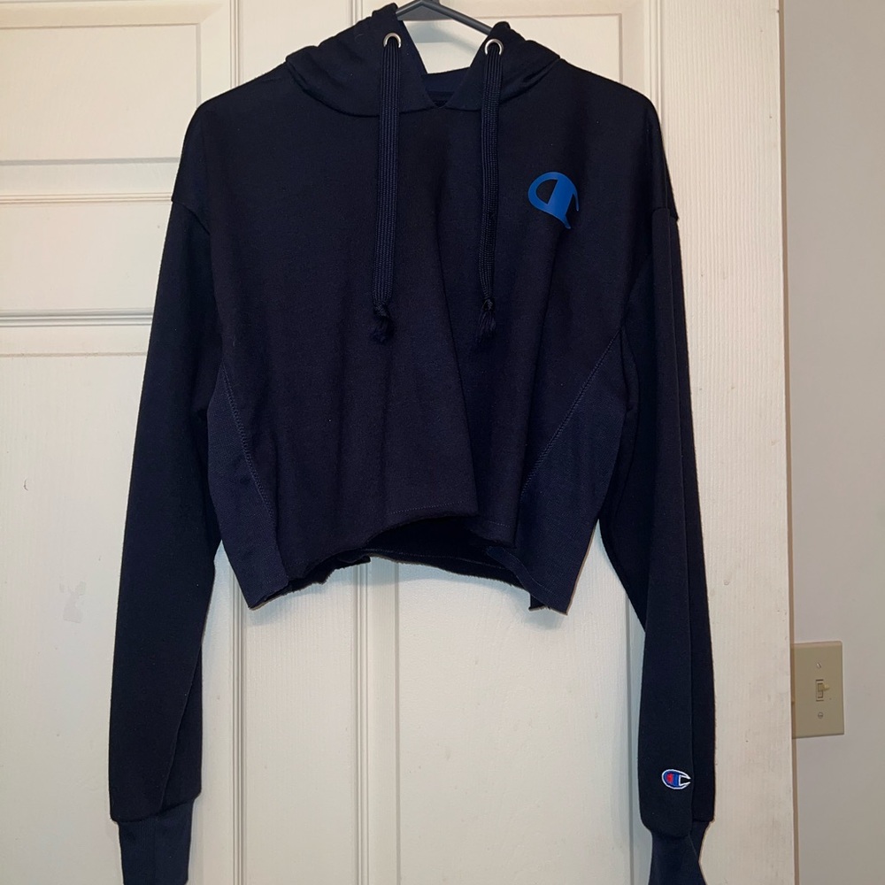 Champion Blue Cropped Relaxed Hoodie Sweatshirt